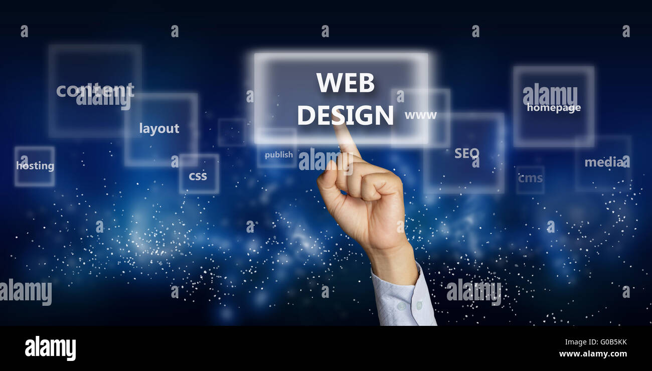 Business concept image of a businessman hand clicking Web Design button on virtual screen over space background Stock Photo