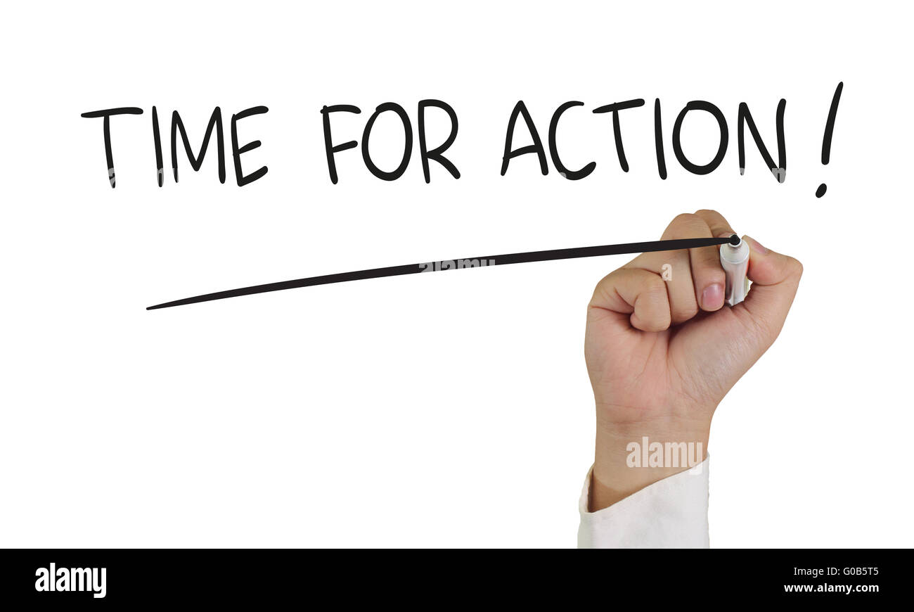 Motivational concept image of a hand holding marker and write Time for Action words isolated on white Stock Photo