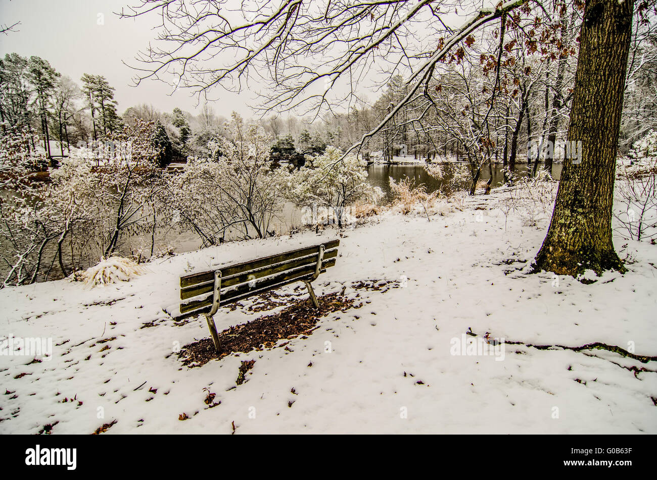 park bench in the snow covered park overlooking lake Stock Photo - Alamy