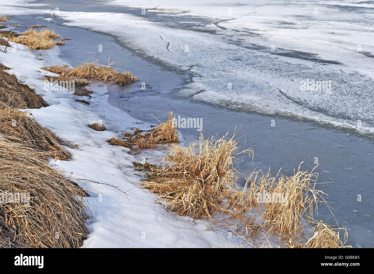 View of melting ice at riverbank in early spring Stock Photo