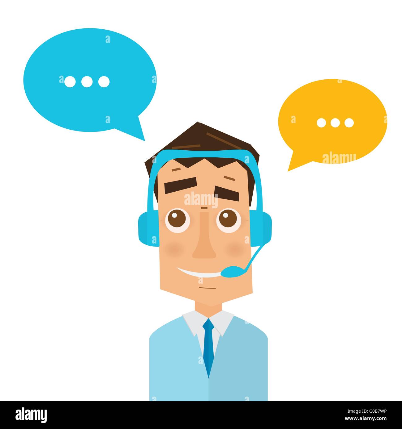 Man with headsets and colorful speech bubbles in call center. Business concept of client service and communication. Stock Vector