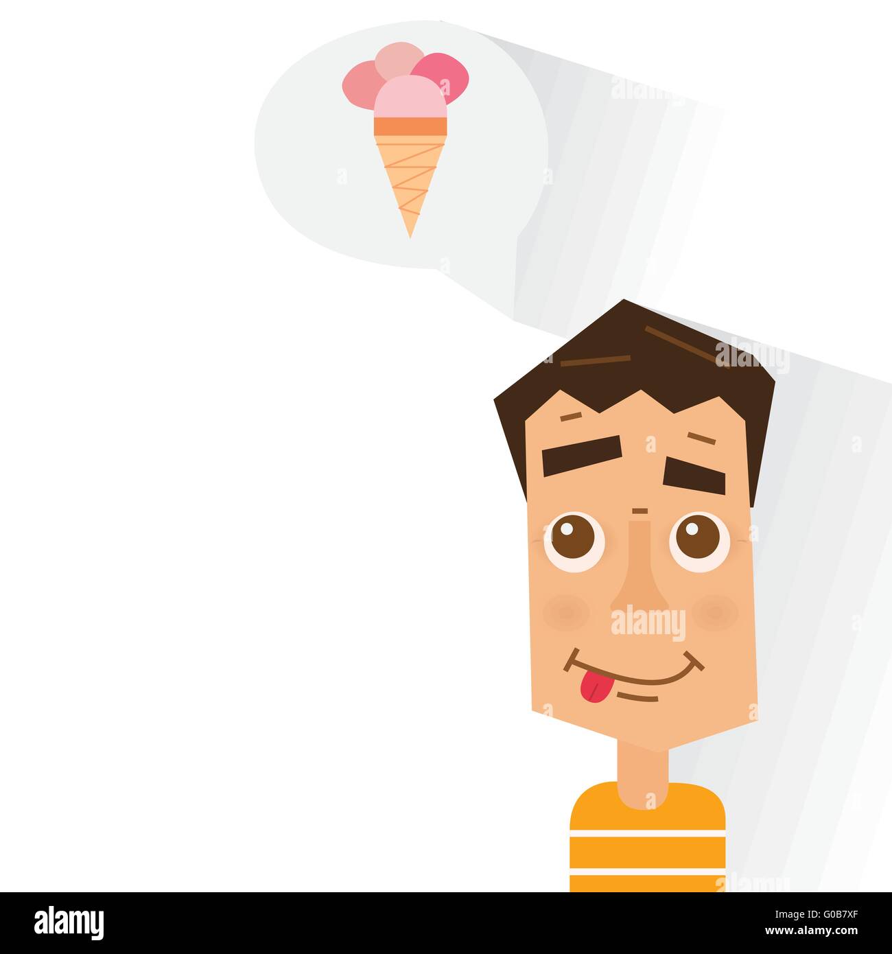 Boy dreaming about ice cream. Vector illustration. Flat style with long shadows. Young man with smile on face isolated on white Stock Vector