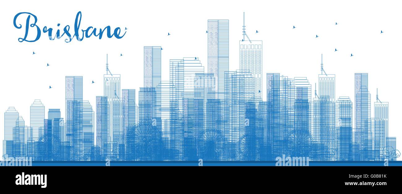 Outline Brisbane skyline with blue building. Vector illustration. Business travel and tourism concept with modern buildings. Stock Vector