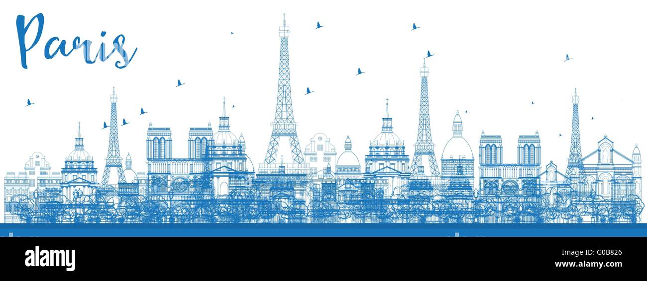 Outline Paris skyline with blue landmarks. Vector illustration. Business and tourism concept with historic buildings. Stock Vector