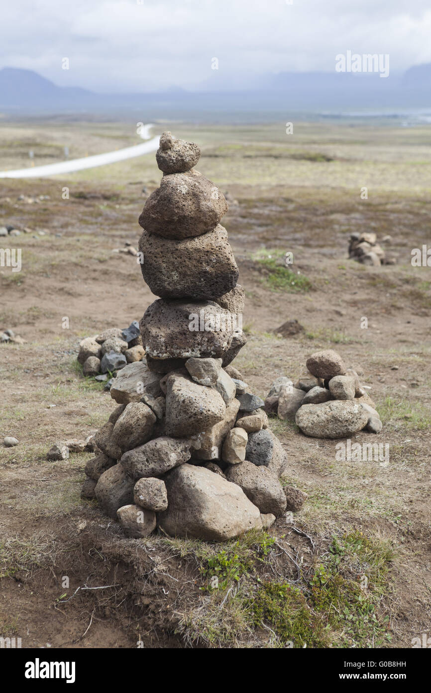 Little stone tower, Pingvellir, Iceland Stock Photo