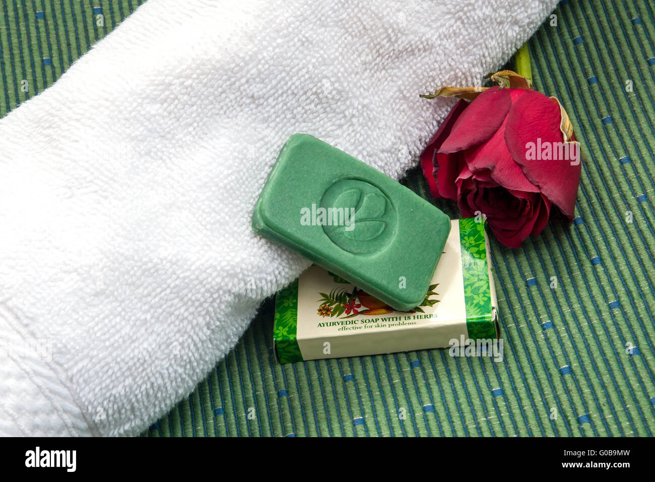 Stilllife with ayurvedic herbal soap with cachet G Stock Photo