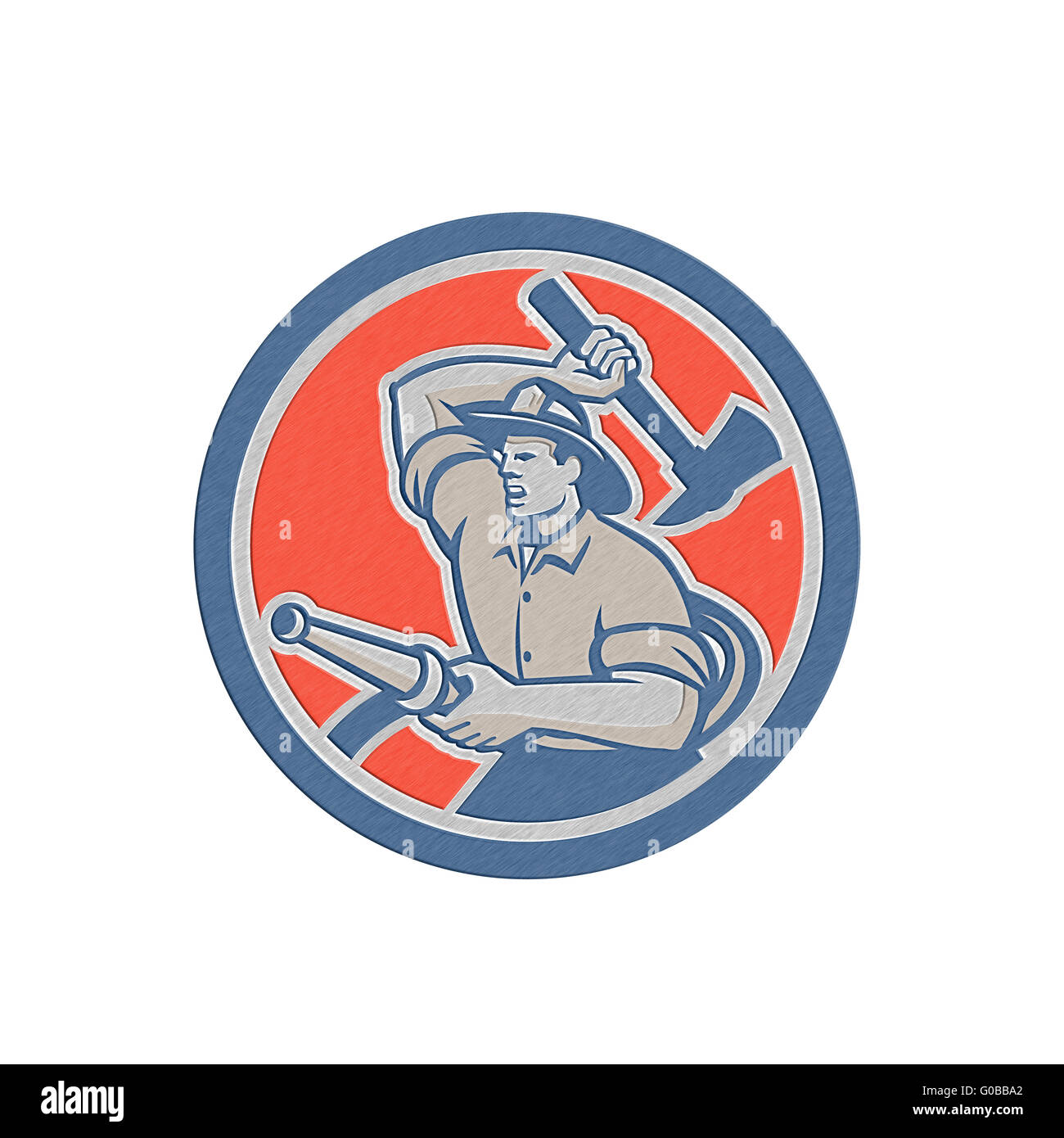 Metallic Fireman Firefighter Holding Hose Axe Circle Retro Stock Photo ...