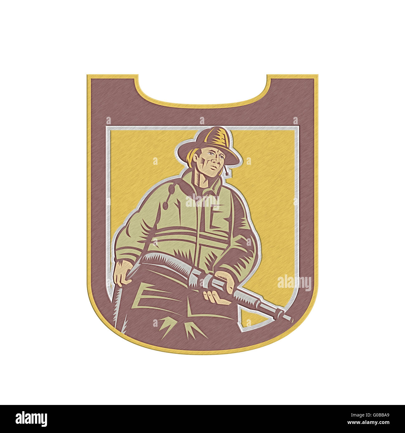 Metallic Fireman Firefighter Aiming Fire Hose Shield Retro Stock Photo ...