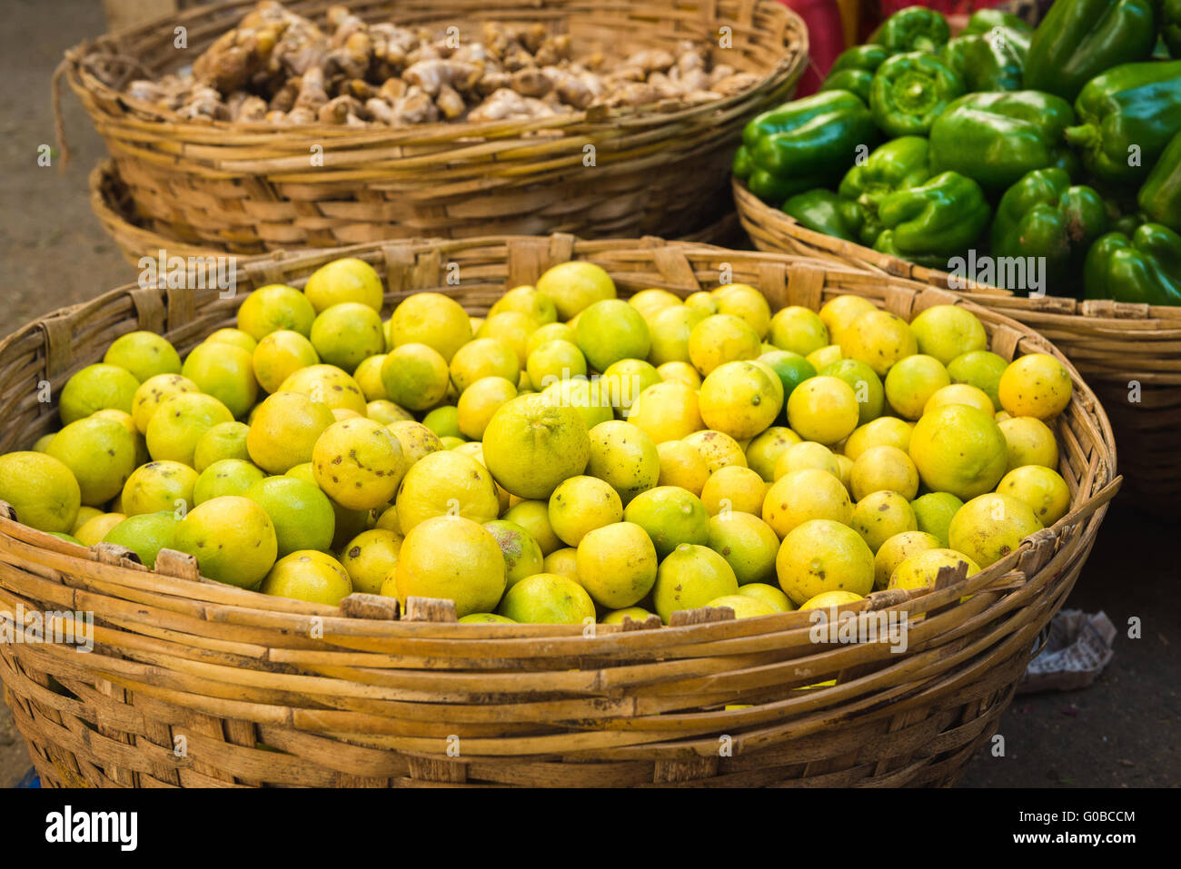 Baskets of fresh fruit and vegetables at a market in Udaipur Stock