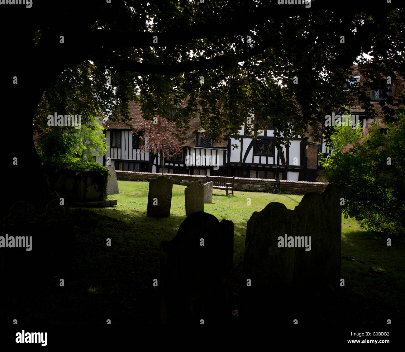 Rye Sussex England July 2015 Timber framed buildings and church yard in Rye old coastal town in