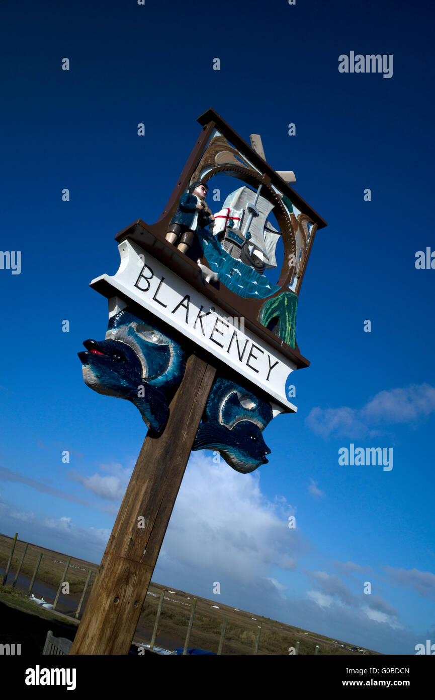Blakeney Norfolk England town sign coast boats seals and bird spotting Stock Photo