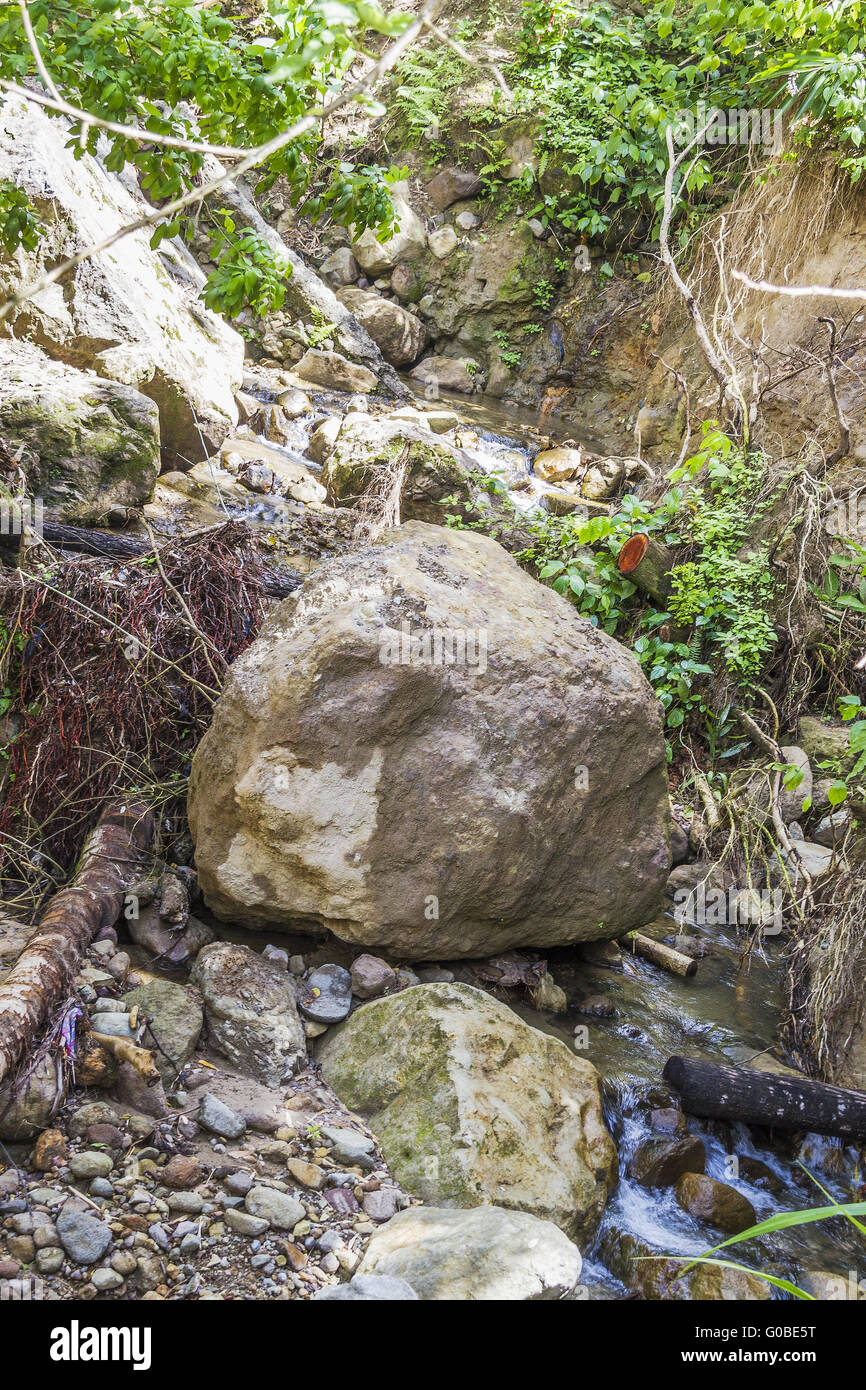 Rockfall Blocking The Stream St. Lucia West Indies Stock Photo