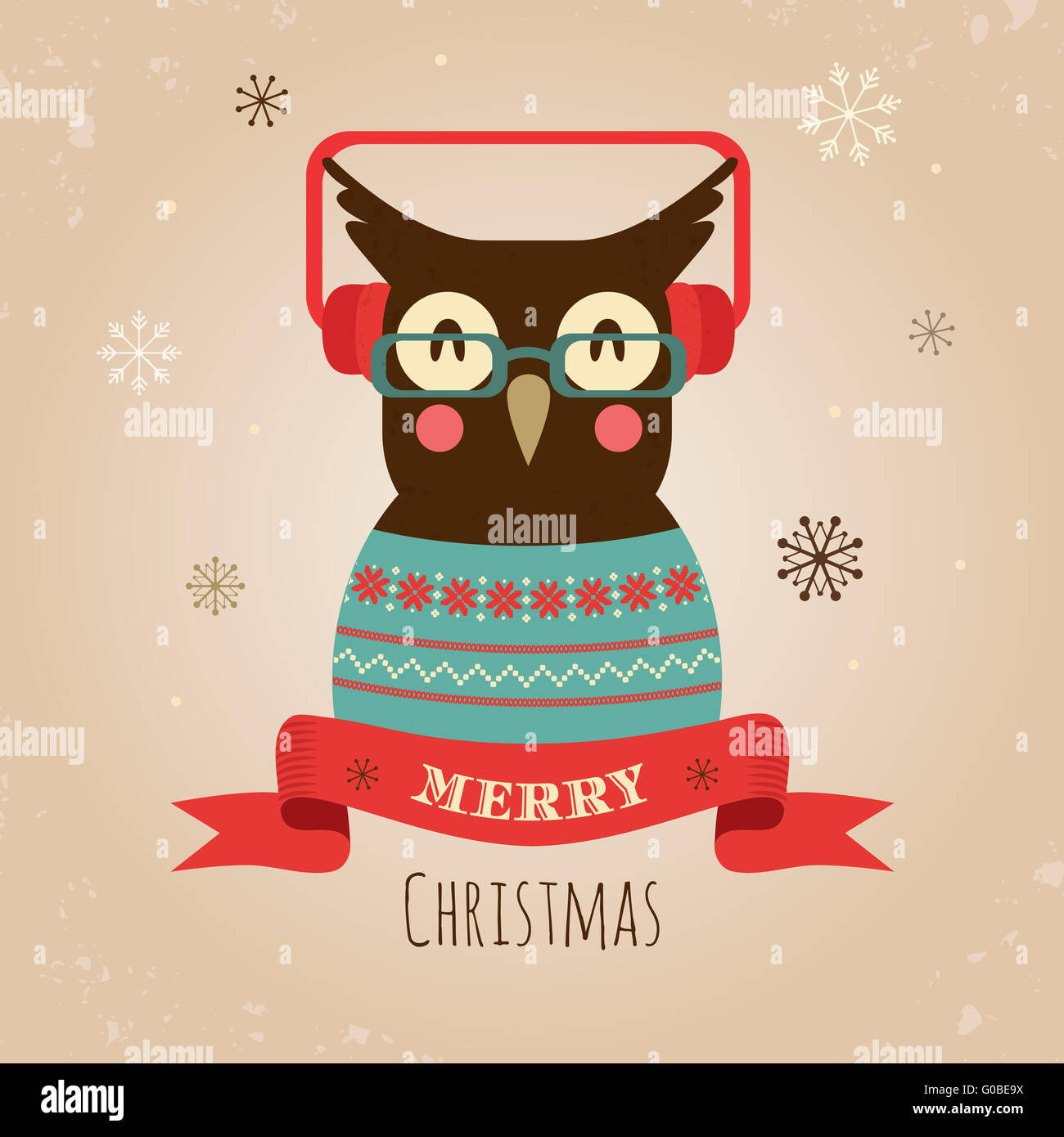Vector Illustration of Owl, Merry Christmas Card Stock Photo - Alamy