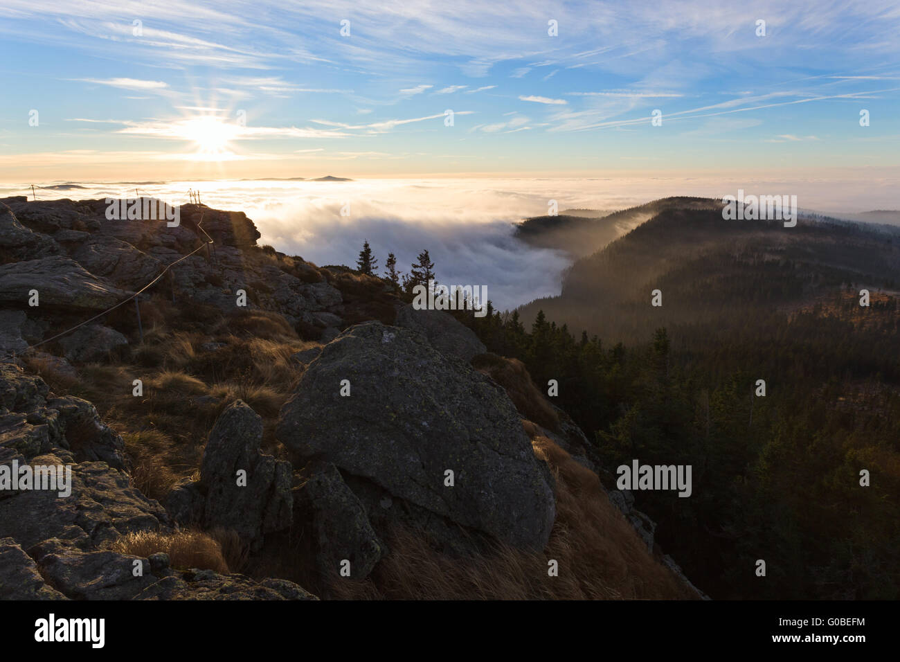 Sunrise at mount Großer Arber Stock Photo