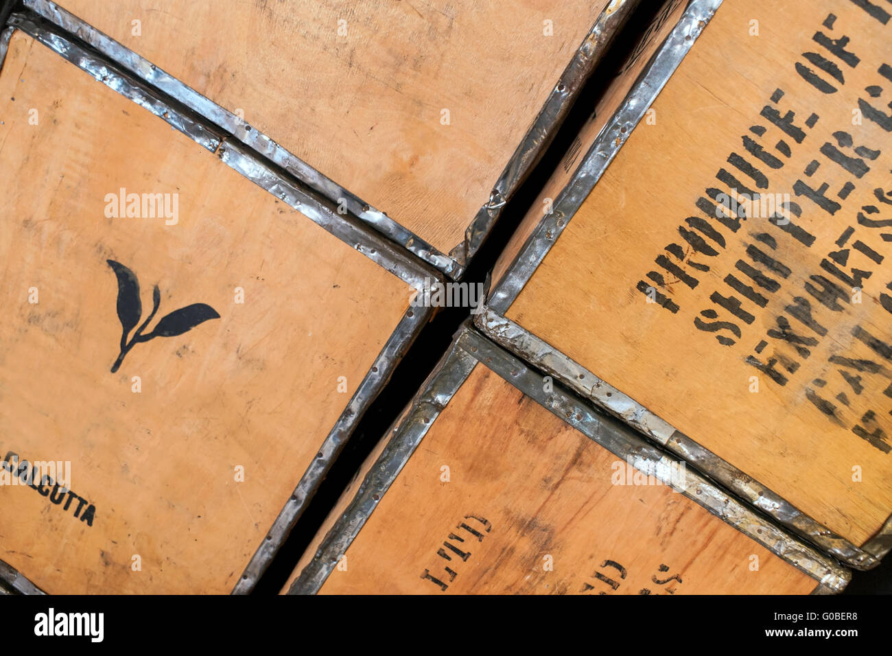 close-up picture of used wooden tea-boxes, diagona Stock Photo