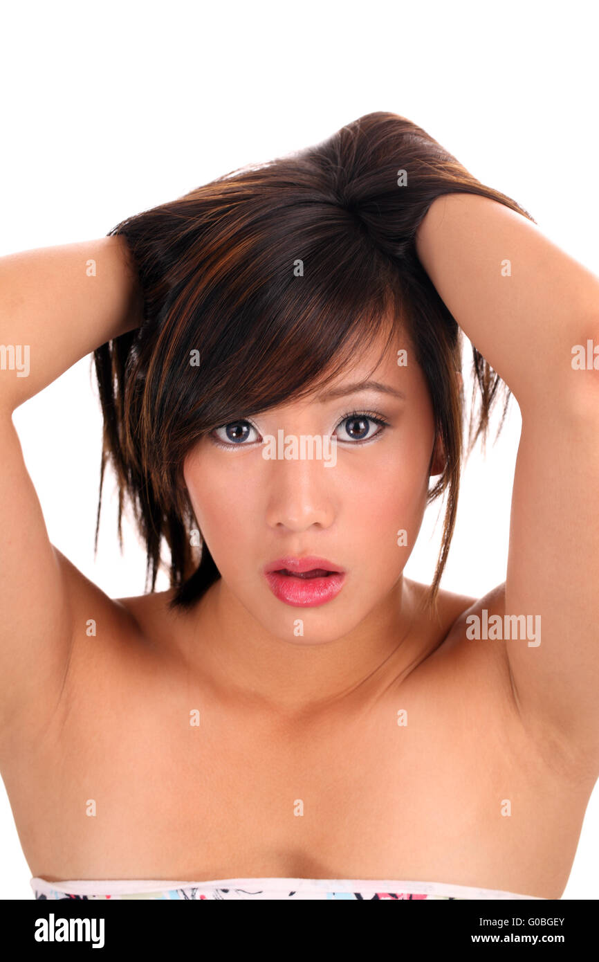 Young Beautiful Asian teen girl portrait with bare shoulder Stock Photo pic