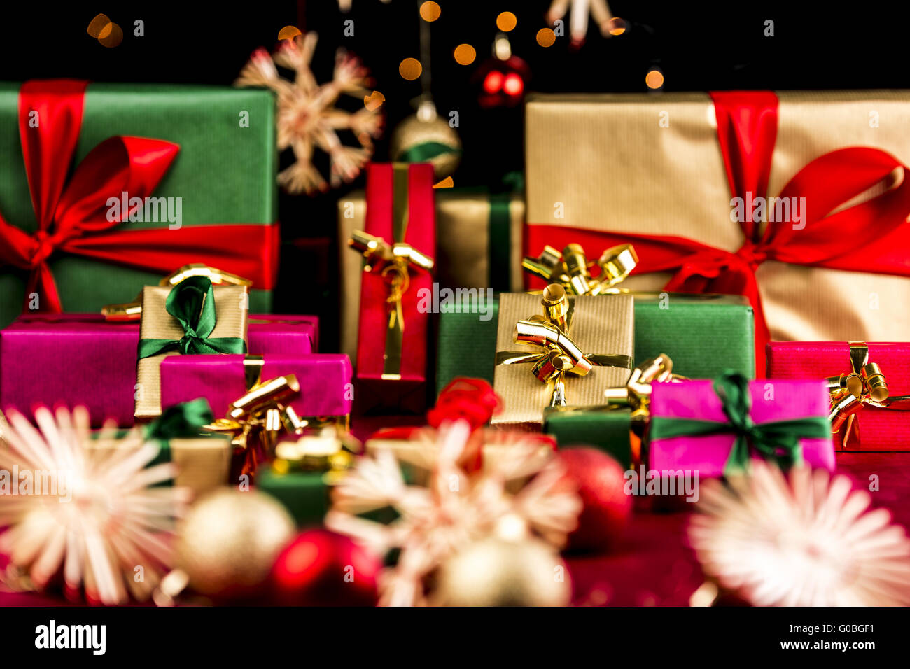 Plenty of Xmas Gifts in Red, Gold and Green Stock Photo
