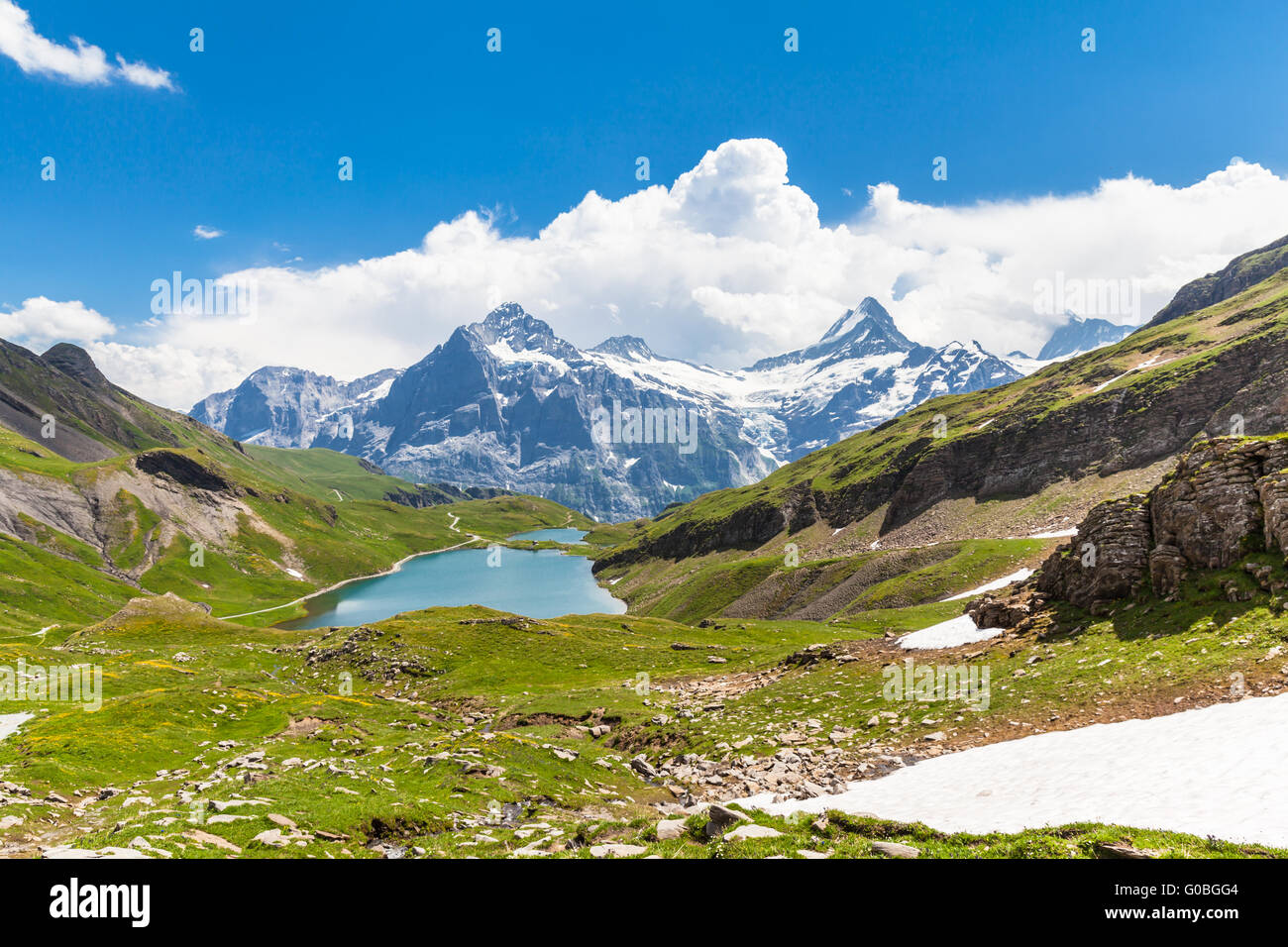 View of the Bachalpsee (lake) and Schreckhorn, Grindelwald, Switzerland Stock Photo
