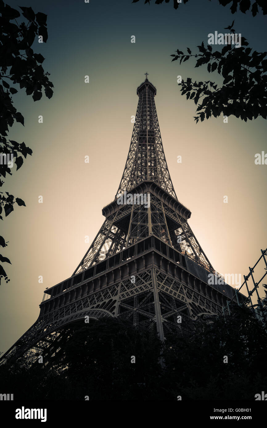 Vintage style  view from bottom of Eiffel tower in Paris, France Stock Photo