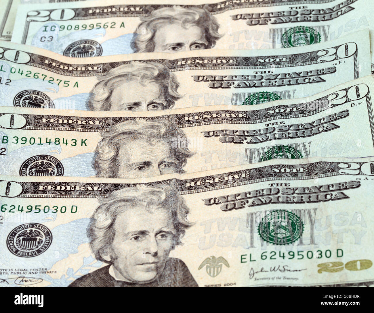 United States 20 dollar bills overlapping vertically Stock Photo