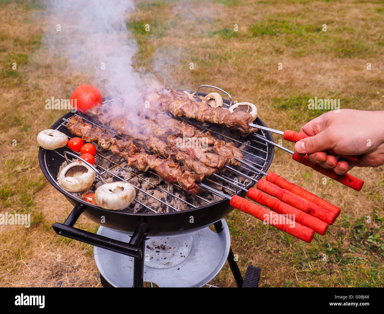 Kebab skewers on barbecue Stock Photo Alamy