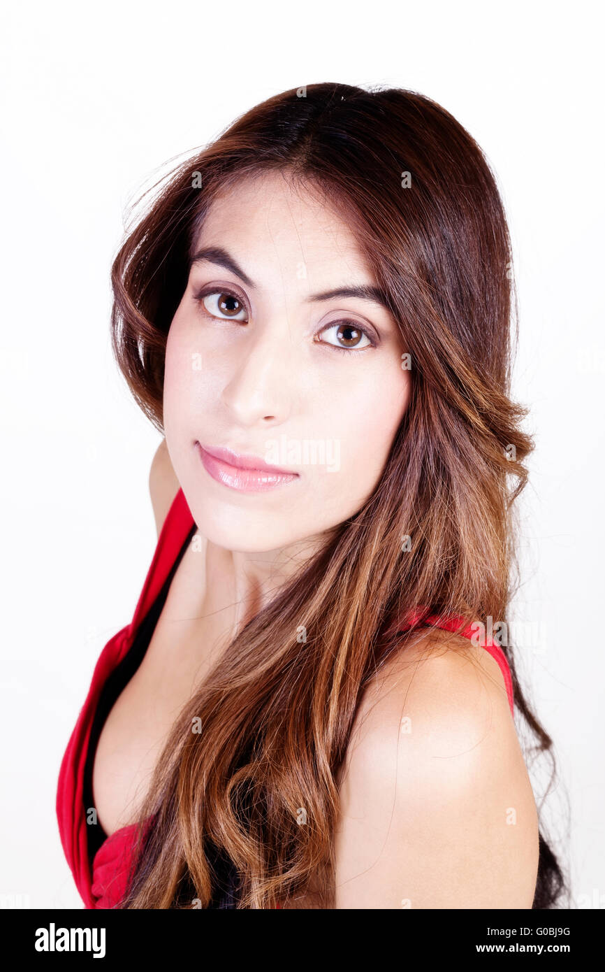Attractive Skinny Hispanic Woman Portrait Red Top Stock Photo
