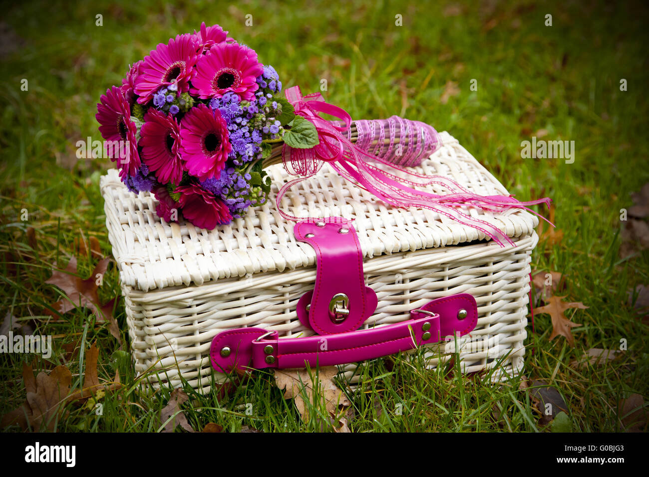 Bridal bouquet on a picnic basket Stock Photo Alamy