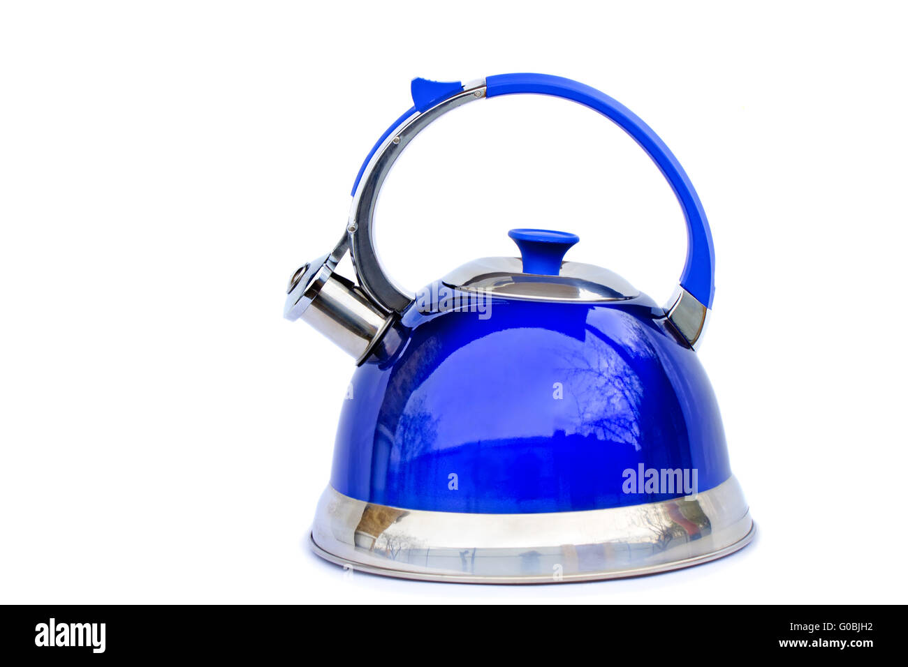 Bright blue kettle on a white background. Stock Photo