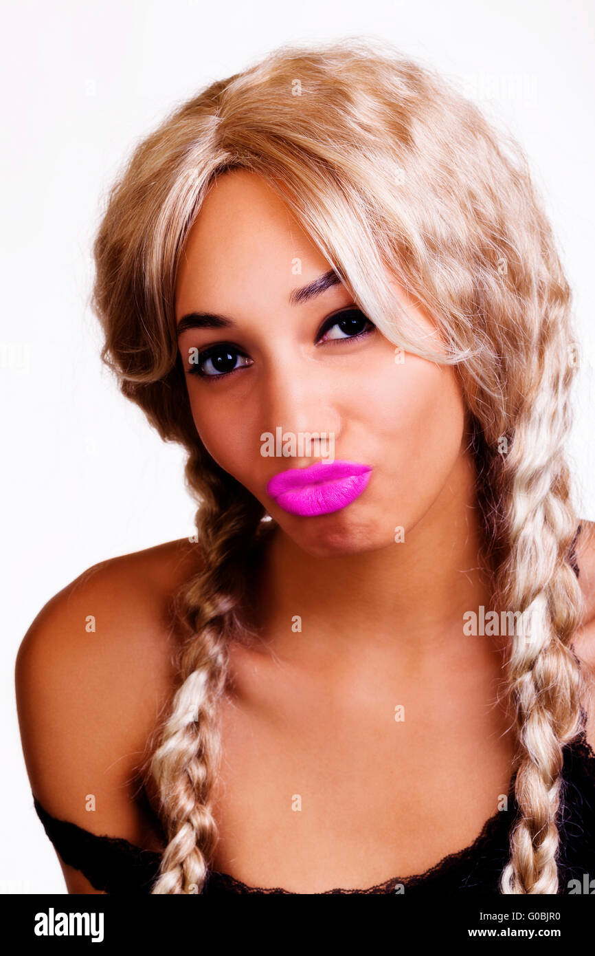 Light Skinned Black Woman Puckered Lips Portrait Blond Wig Stock Photo