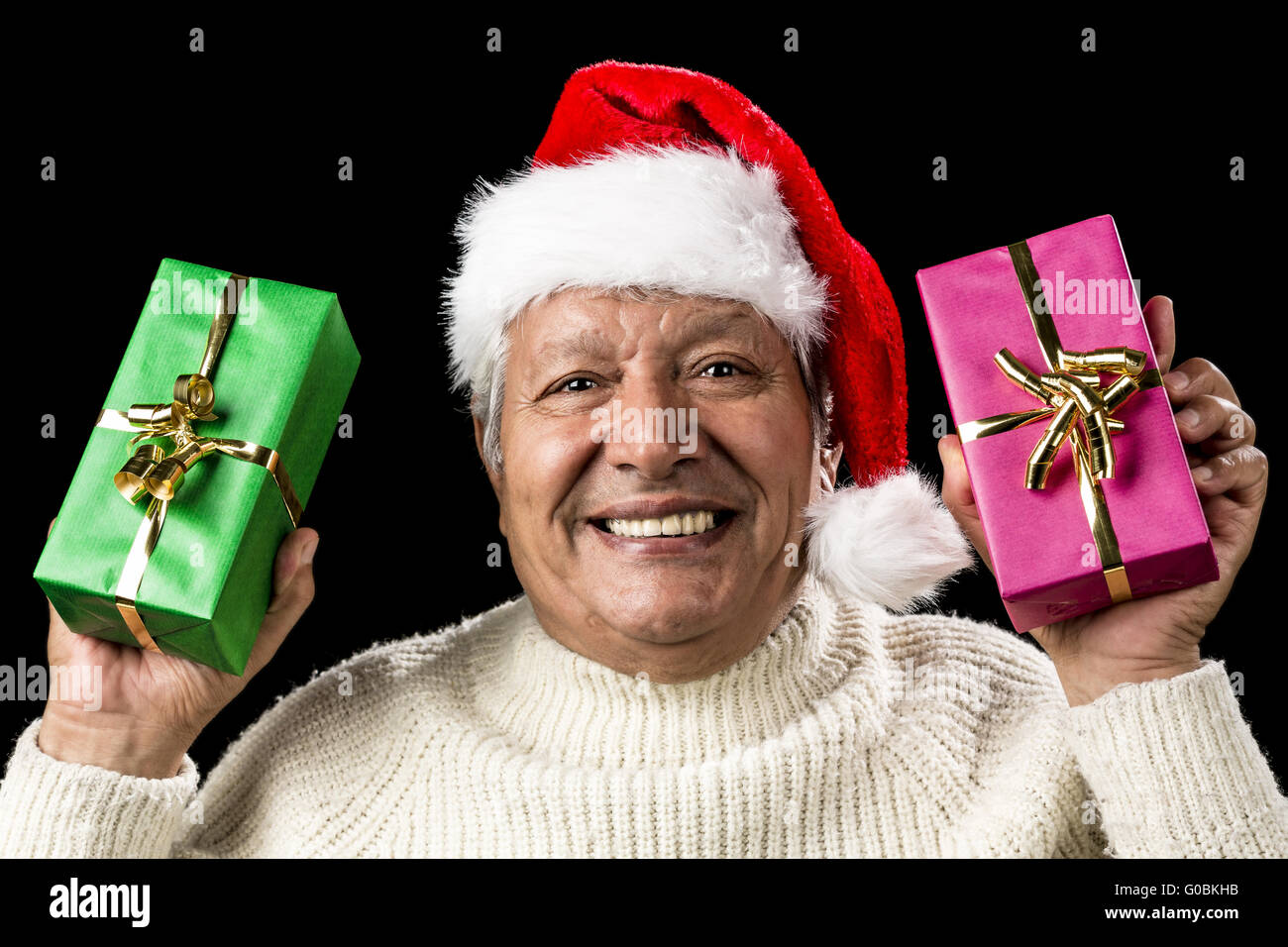 Hilarious Senior Offering Green And Pink Gift Stock Photo