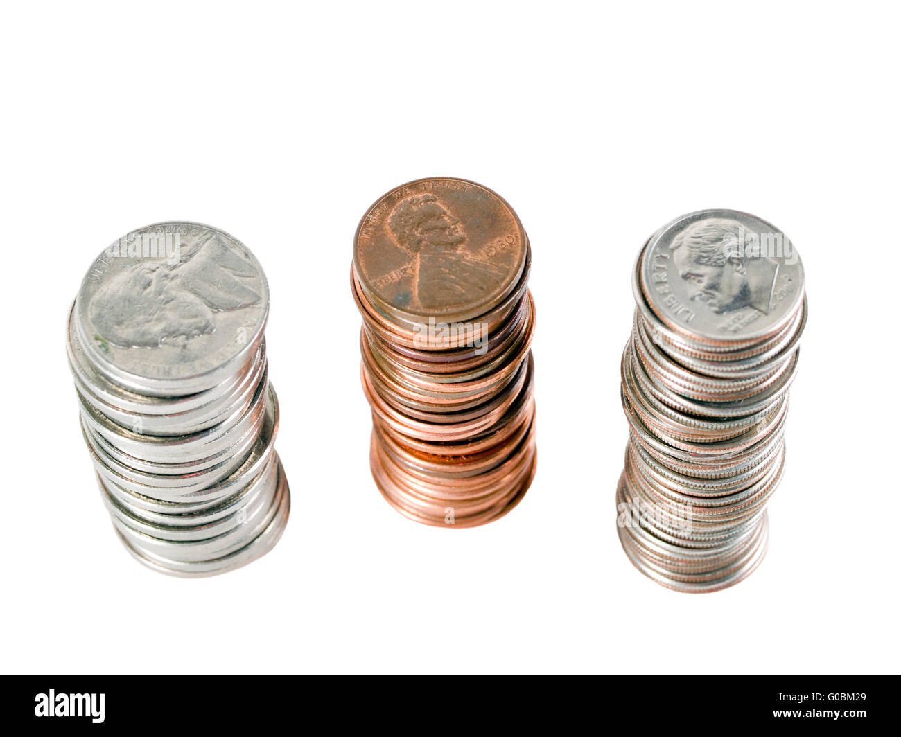 closeup of 3 stacks of united states coins Stock Photo