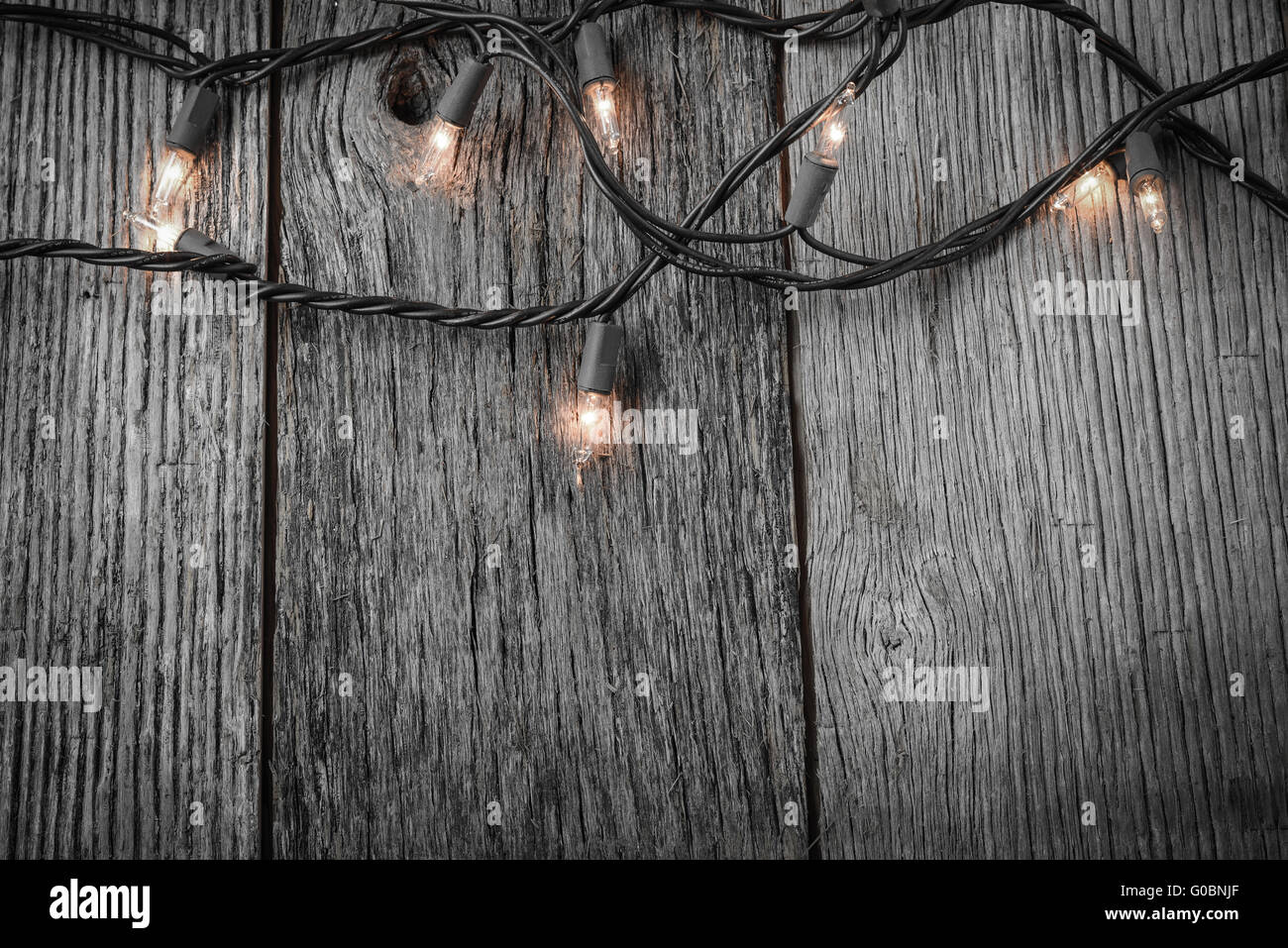 White Christmas Tree Lights with Rustic Wood Background Stock Photo Alamy