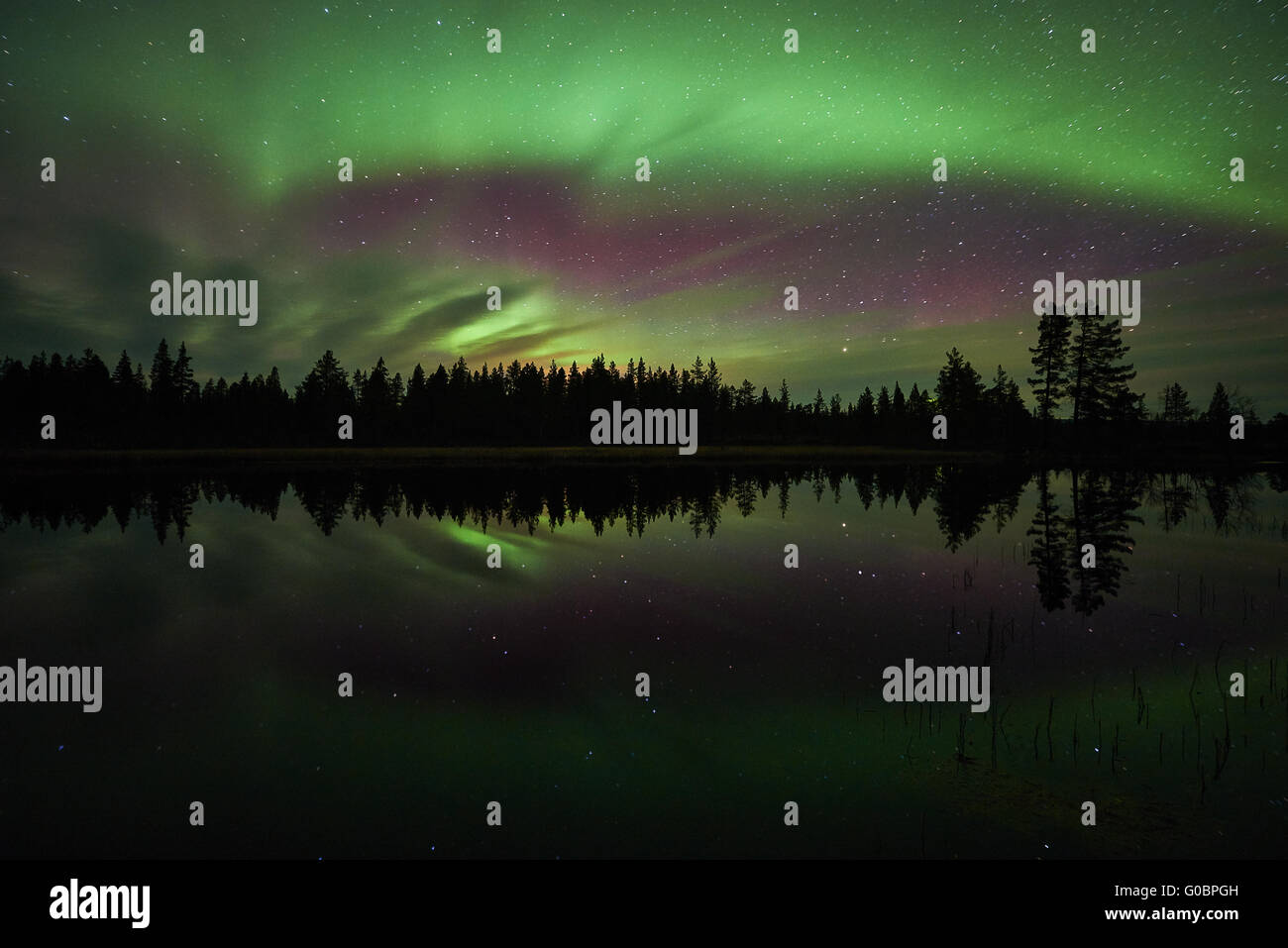 Northern lights reflecting in a lake, Lapland Stock Photo Alamy