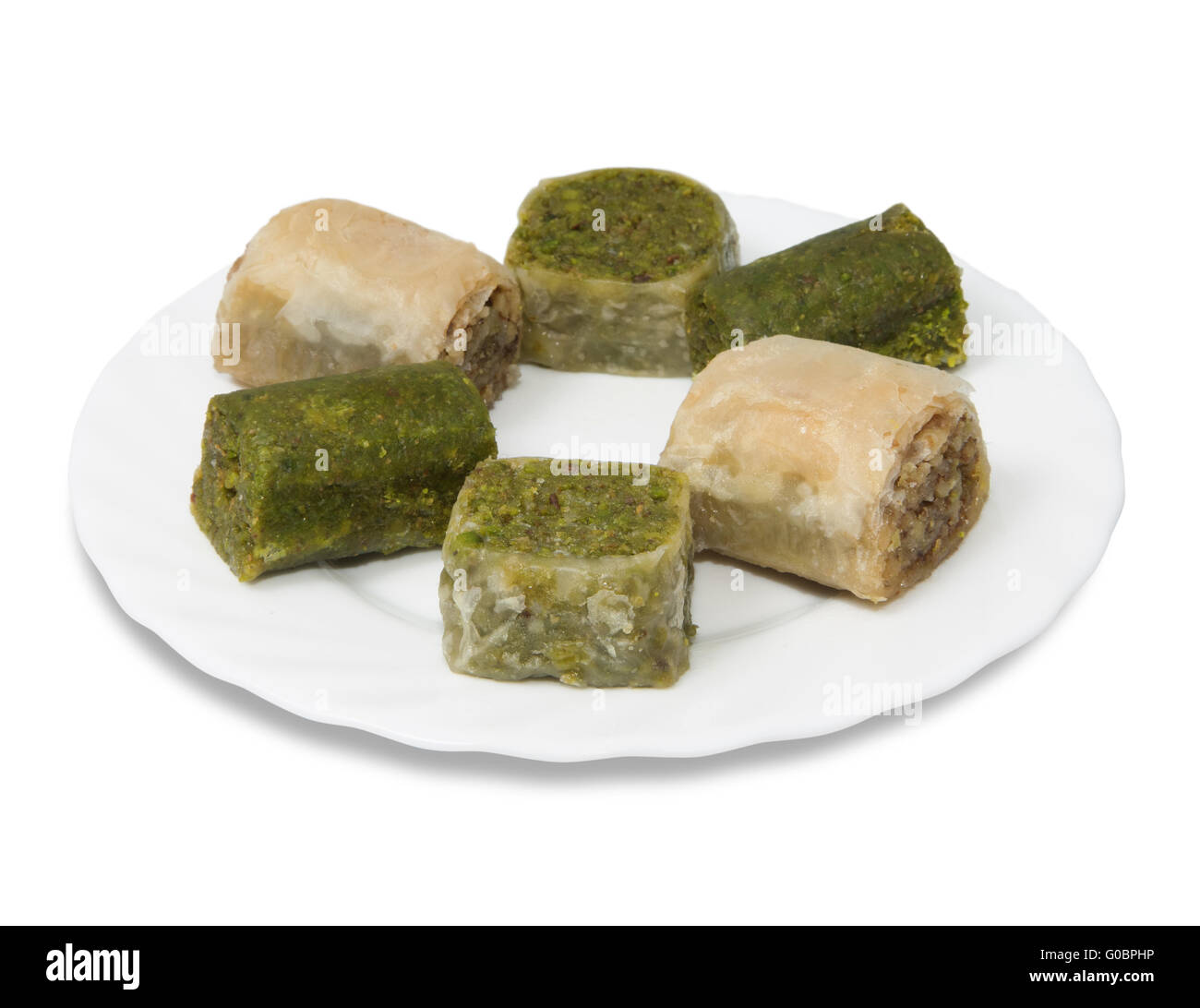 Plate with turkish baklava isolated over white background Stock Photo