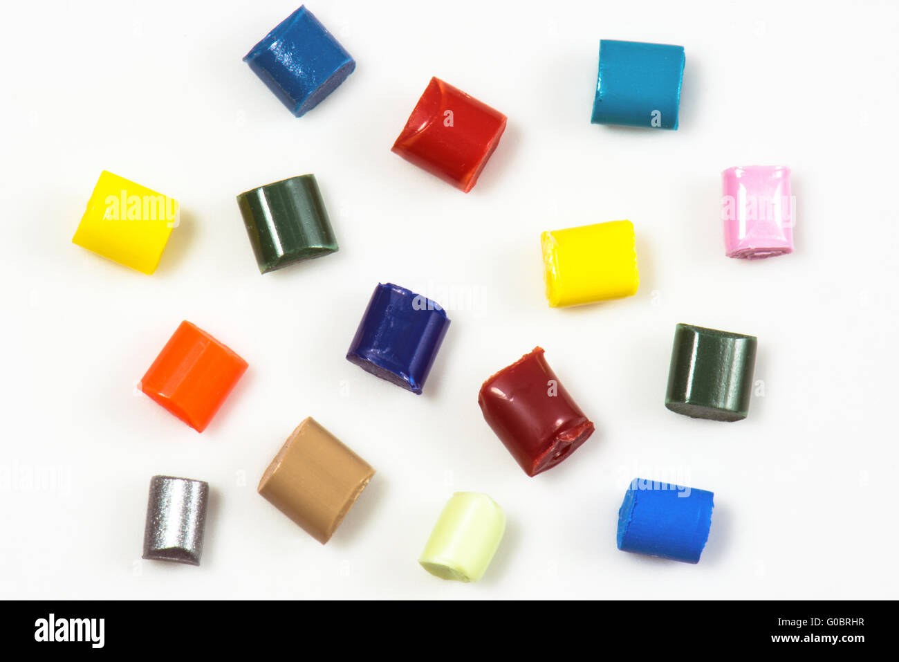15 different plastic granulates close-up Stock Photo