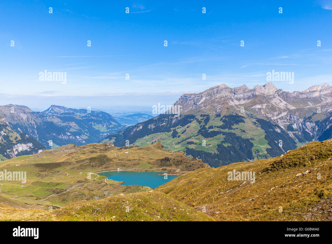 Panorama view of the Truebsee lake and the swiss Alps in central