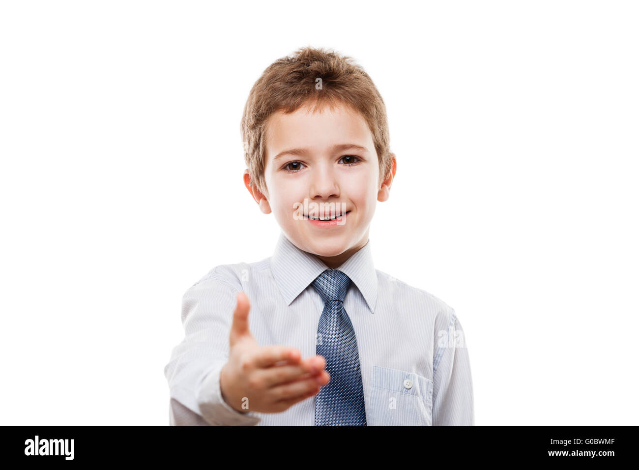 Smiling child boy gesturing hand greeting or meeti Stock Photo