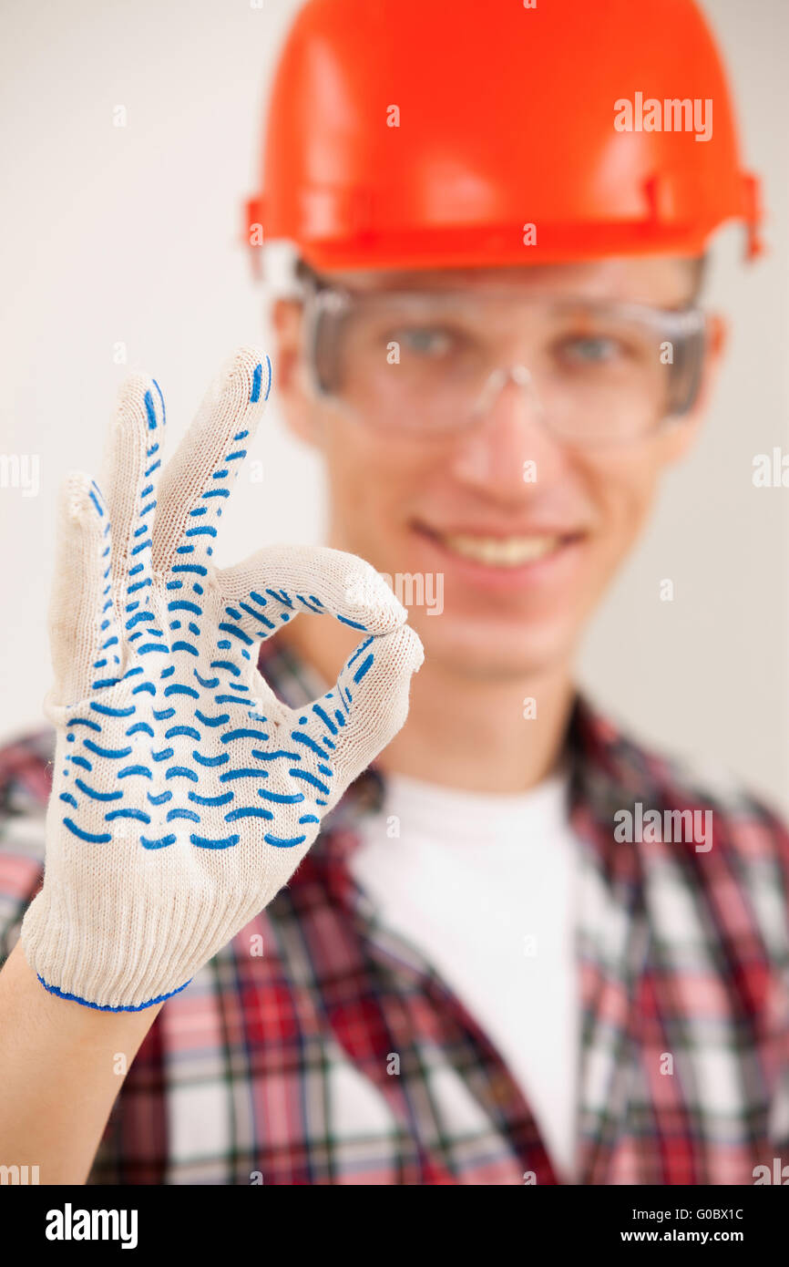 master making a perfect gesture with his gloved ha Stock Photo