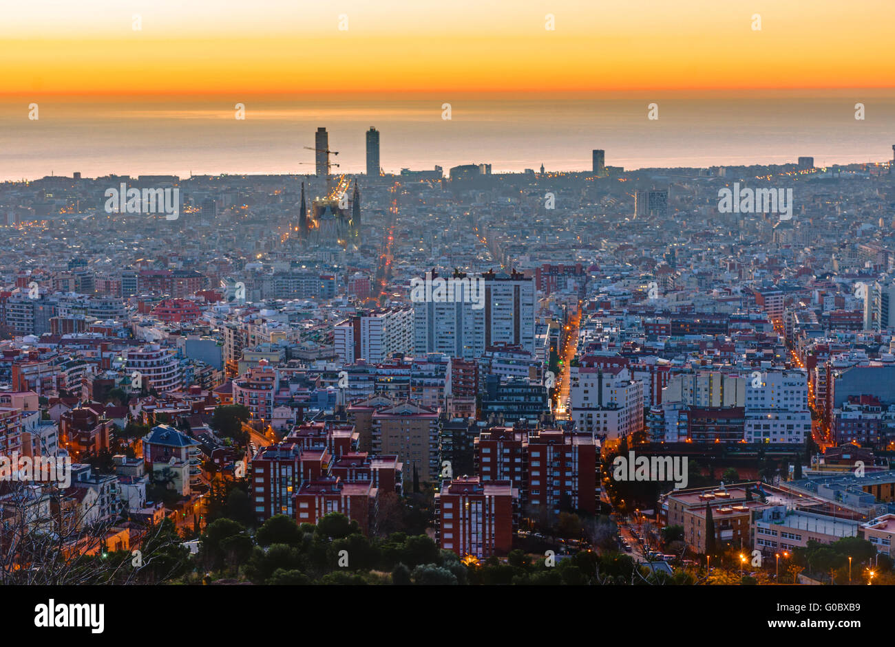 Barcelona before sunrise with the Mediterranean S Stock Photo