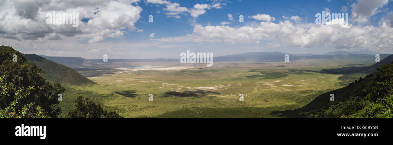 Full panoramic view of the Ngorongoro crater on a slightly overcast day. Tanzania. The Ngorongoro crater is an isolated ecosyste Stock Photo