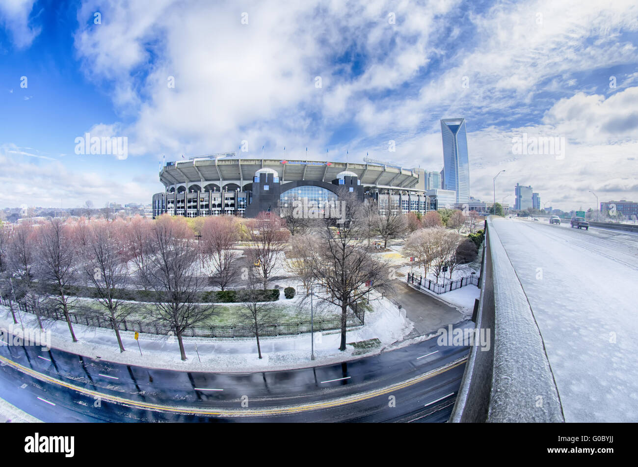 snow and ice covered city and streets of charlotte nc usa Stock Photo
