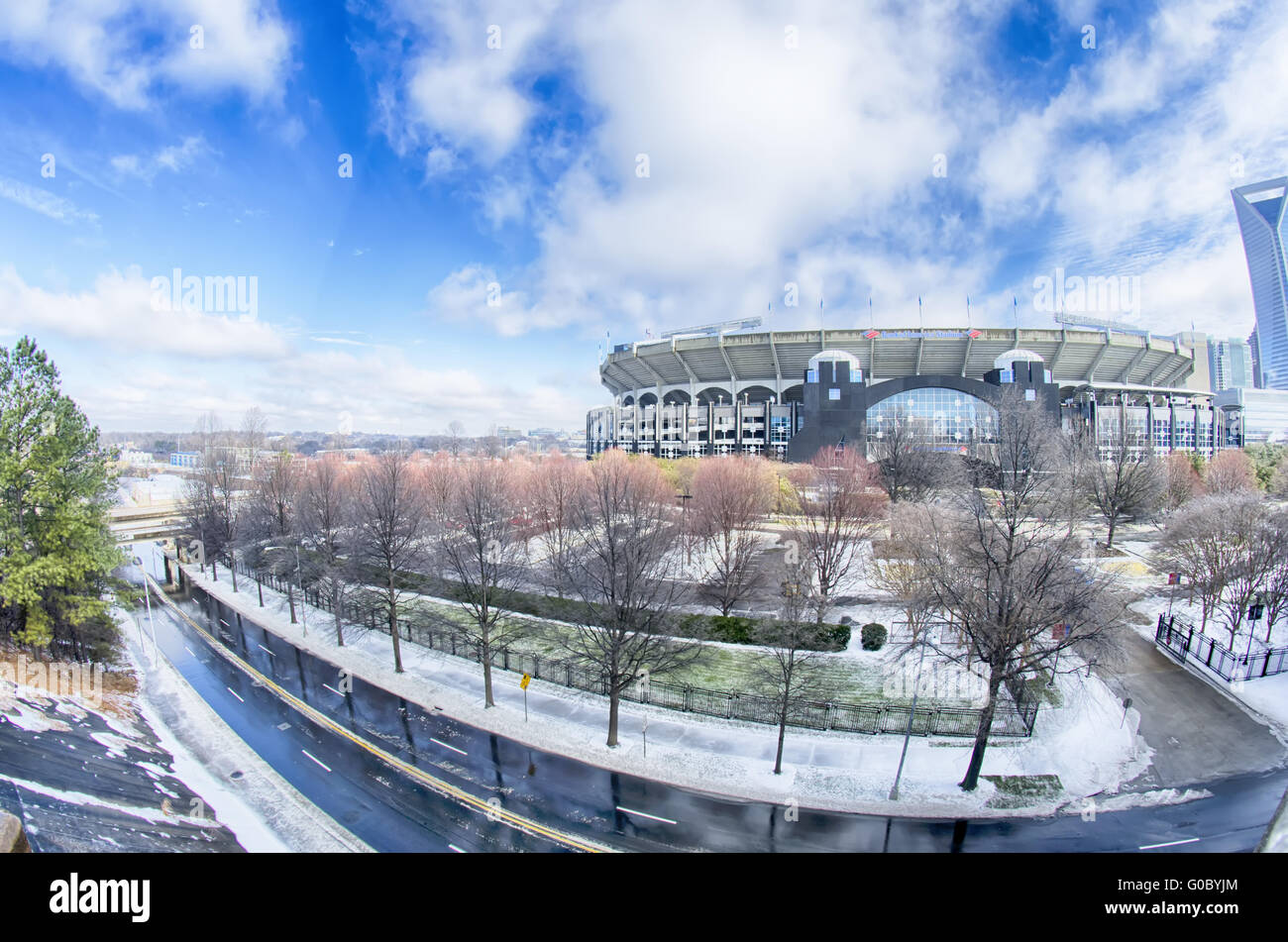 snow and ice covered city and streets of charlotte nc usa Stock Photo
