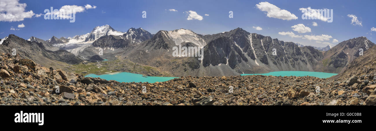 Scenic panorama of picturesque turquoise lakes in Tien-Shan mountains in Kyrgyzstan Stock Photo