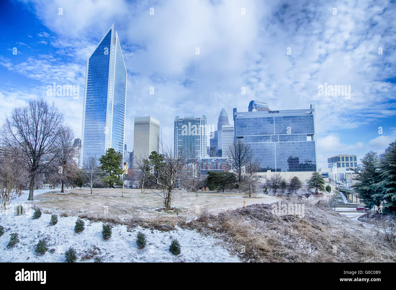 snow and ice covered city and streets of charlotte nc usa Stock Photo