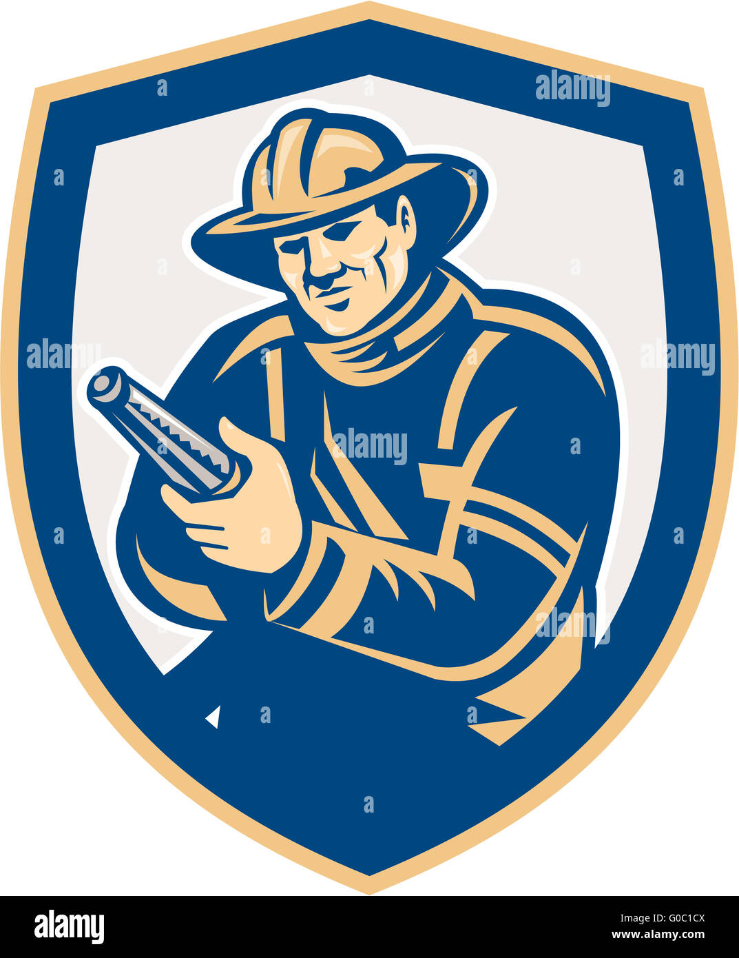 Fireman Firefighter Aiming Fire Hose Shield Retro Stock Photo - Alamy