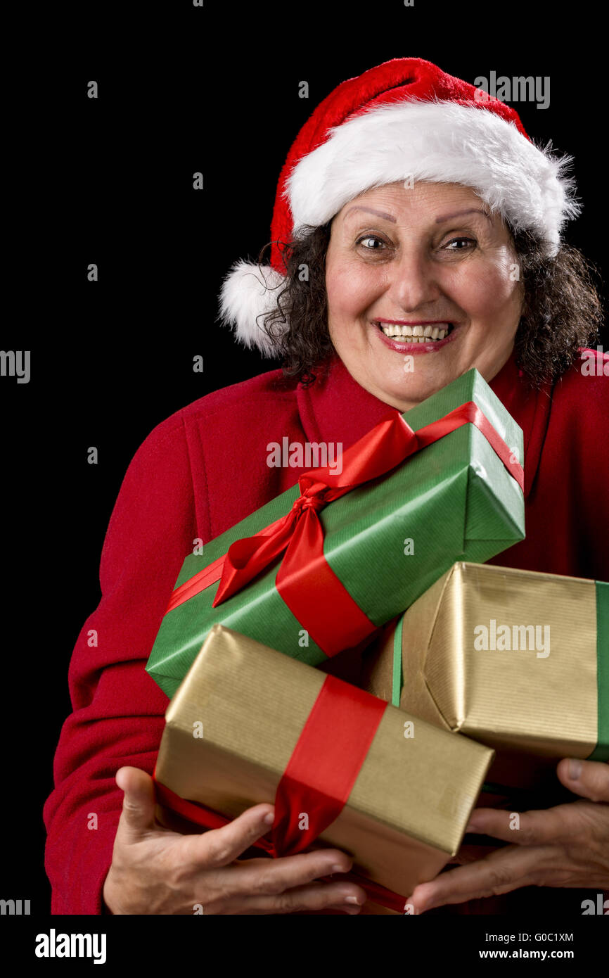 Happy Old Woman with Santa Hat and Two Xmas Gifts Stock Photo - Image of  joyful, black: 45572036