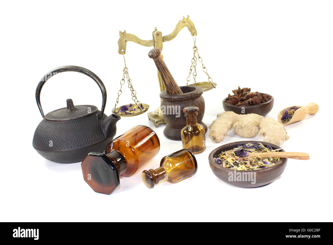 Chinese natural medicine with herbs and scale Stock Photo