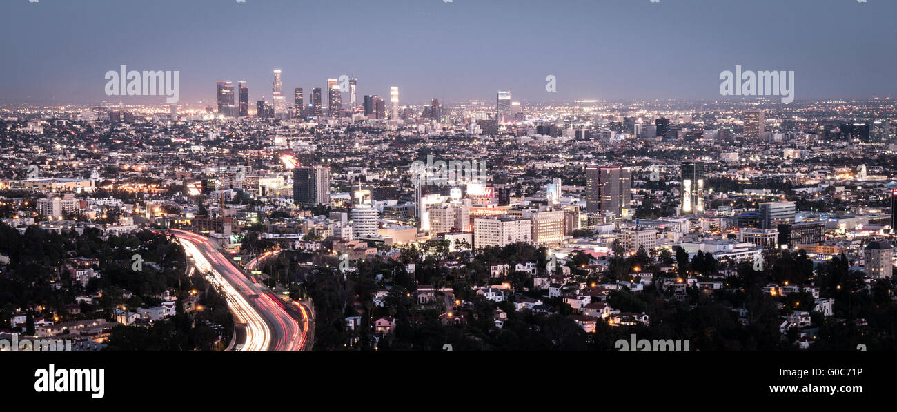 L.A. skyline at twilight with business district Stock Photo