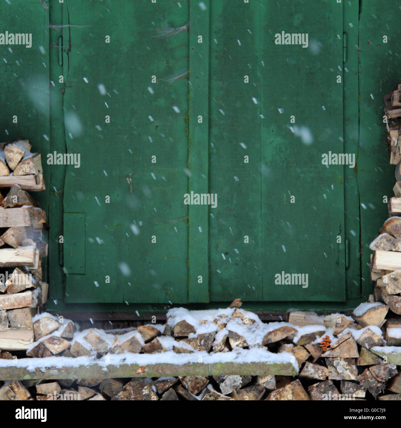 Woodpile with Window Stock Photo