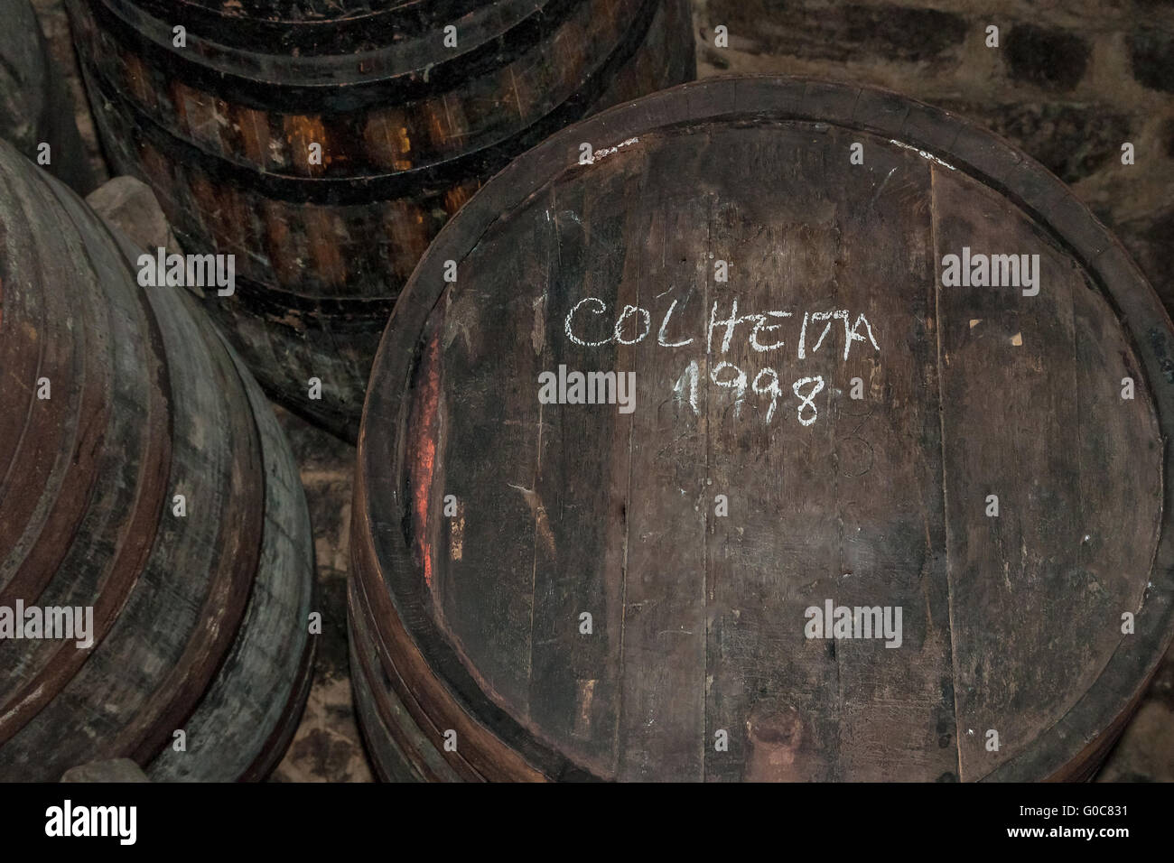 Portwine-barrels with vintage and quality label C Stock Photo